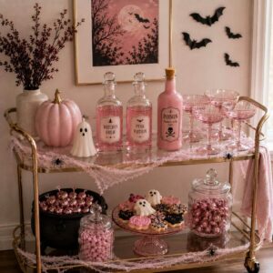 Pink Halloween bar cart styled with cute spooky decorations and candy
