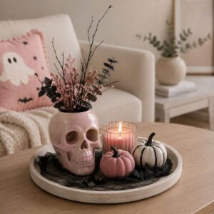 Pink Halloween centerpiece with spooky seasonal decorations