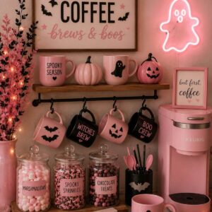 Pink Halloween coffee station with a spooky mug and sweet coffee toppings