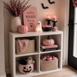 Cute pink Halloween decorations styled in a home entryway