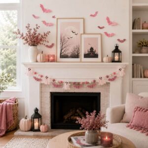 Cute pink Halloween garland with spooky seasonal decorations