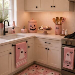 Kitchen decorated with subtle pink Halloween accessories and spooky details