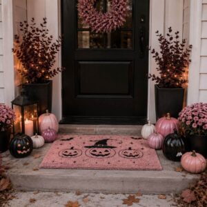 Pink Halloween doormat styled at the front door for spooky season