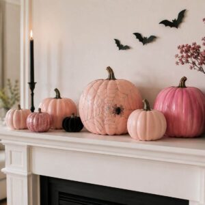 Pink Halloween pumpkins in different shades of pink styled as cute spooky home decor