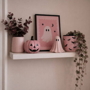 Home shelf styled with subtle pink Halloween decorations