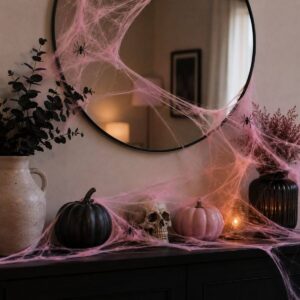 Pastel spiderweb stretched across a mantel with small spiders