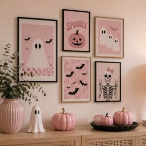 Pink Halloween wall art featuring cute spooky seasonal designs