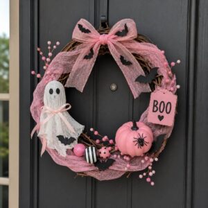 Pink Halloween wreath decorated with cute spooky details