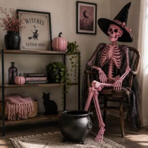 Pink witch skeleton standing beside an empty cauldron