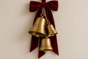 Brass Christmas bells hanging from a ribbon as a simple festive decoration.