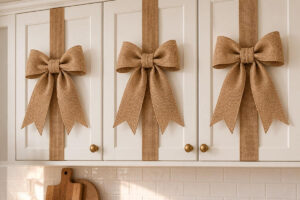 Small kitchen with red velvet bows tied to cabinet doors for simple Christmas decorating.
