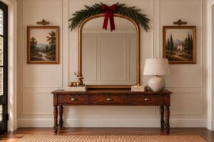 Wall mirror decorated with subtle greenery and small bows for Christmas.