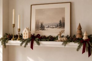 Open shelves decorated with subtle Christmas greenery and wooden ornaments, featuring minimalist Christmas decor ideas.