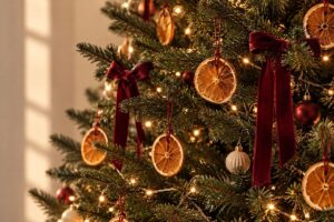 Dried orange slices used in a simple Christmas centerpiece, offering natural minimalist Christmas decor ideas.