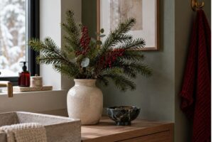 Simple vase filled with evergreen branches on an entryway table, one of many minimalist Christmas decor ideas.