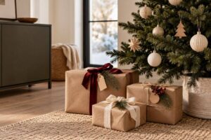 Christmas presents wrapped in brown kraft paper with simple ribbons and natural details.