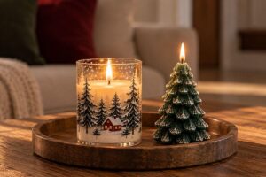 Cream and burgundy candles grouped together on a table for simple Christmas decorating.