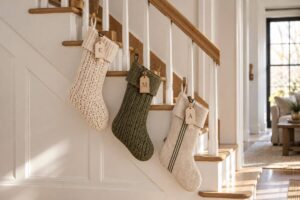 Neutral Christmas stockings hanging neatly in a cozy home, showcasing minimalist Christmas decor ideas.