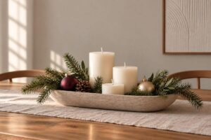 Christmas centerpiece with a few ornaments and natural decorations arranged on a table.