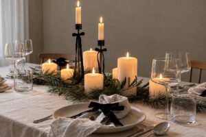 Round dining table styled with linen napkins and understated Christmas table decorations.