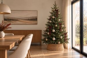Christmas tree with a simple wooden tree collar covering the stand.