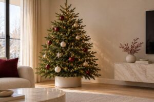 Christmas tree with carefully spaced ornaments and warm lights, showing minimalist Christmas decor ideas for the living room.