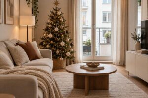 Neutral living room with cream and natural Christmas decorations, showcasing minimalist Christmas decor ideas.