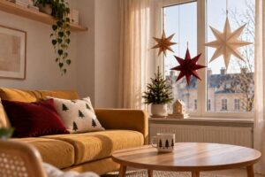 Paper Christmas stars hanging in a small apartment, showcasing budget-friendly minimalist Christmas decor ideas.