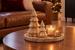 Coffee table with a few carefully chosen Christmas decorations, showcasing minimalist Christmas decor ideas.