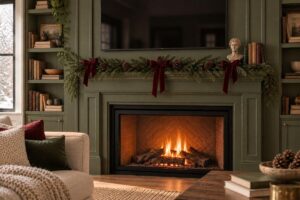 Simple Christmas mantel decorated with a green garland and a few carefully chosen holiday decorations.