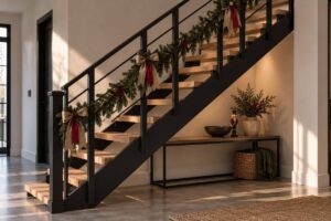 Staircase decorated with a simple green garland and red ribbon, featuring minimalist Christmas decor ideas.