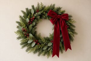 Simple green Christmas wreath hanging on a wall with understated holiday decorations.
