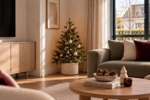 Small Christmas tree decorated with simple ornaments in a cozy living room corner.
