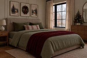 Cozy bedroom with subtle Christmas decorations and warm neutral accents, featuring minimalist Christmas decor ideas.