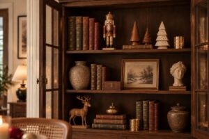 Wooden Christmas trees, stars and small decorative houses displayed on a bookshelf.