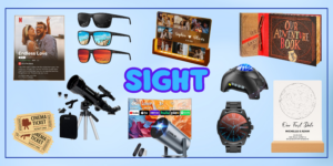 Sight gift idea for him including a star map, movie projector, and meaningful visual keepsakes