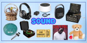 Sound gift idea for him featuring headphones, speakers, and music-related gifts