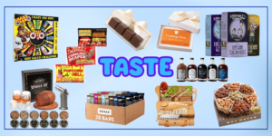 Taste gift idea for him including gourmet snacks, hot sauce, and drink samplers