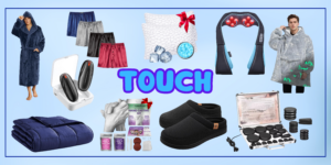 Touch gift idea for him featuring cozy blankets, massage tools, and comfort gifts